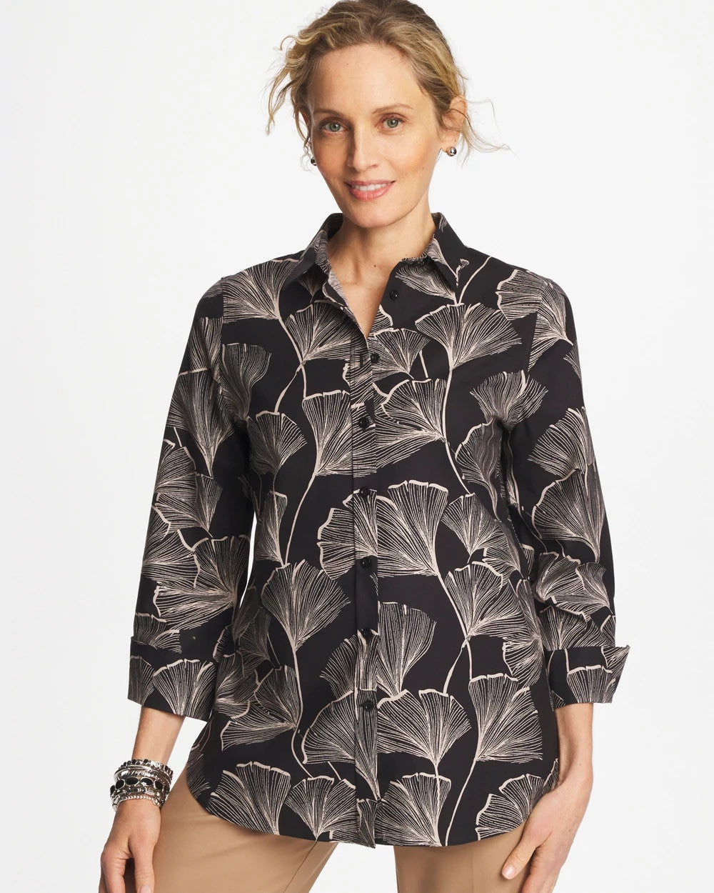 Chico's No Iron™ Stretch Ginkgo Glory Shirt BLACK