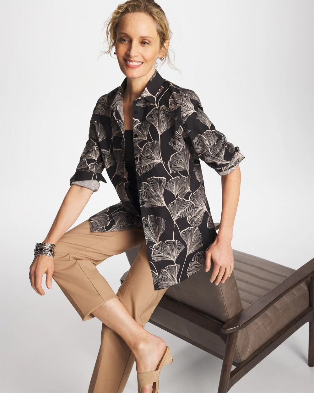 Chico's No Iron™ Stretch Ginkgo Glory Shirt BLACK
