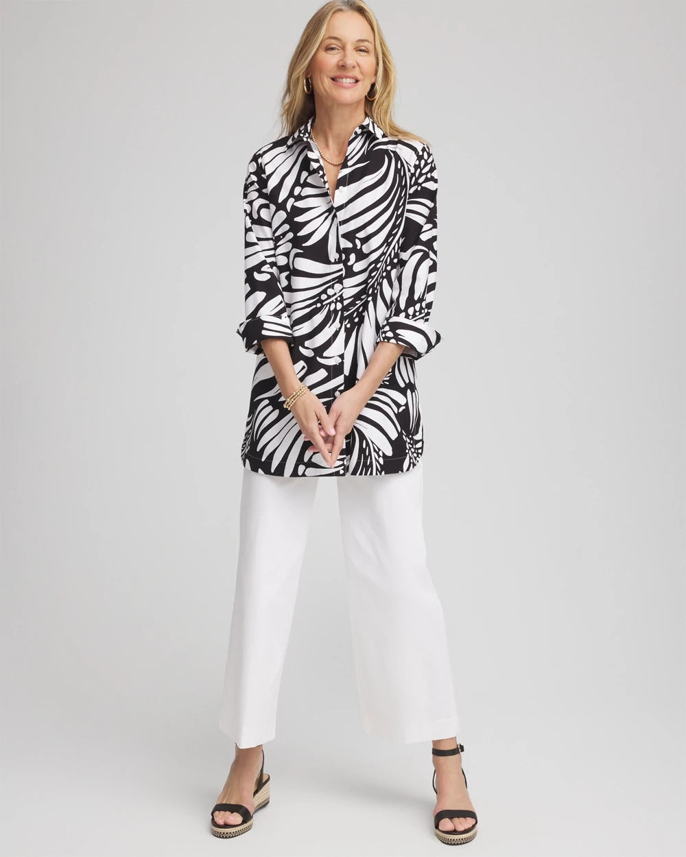 Chico's No Iron™ Printed Palms Button Down Tunic BLACK