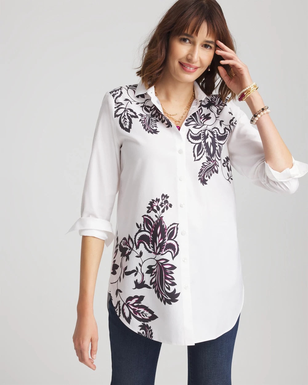 Chico's No Iron™ Floral Stretch Tunic OPTIC WHITE