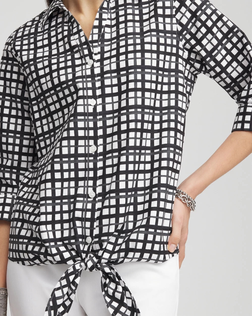 Chico's No Iron™ Plaid Tie-Front Top BLACK