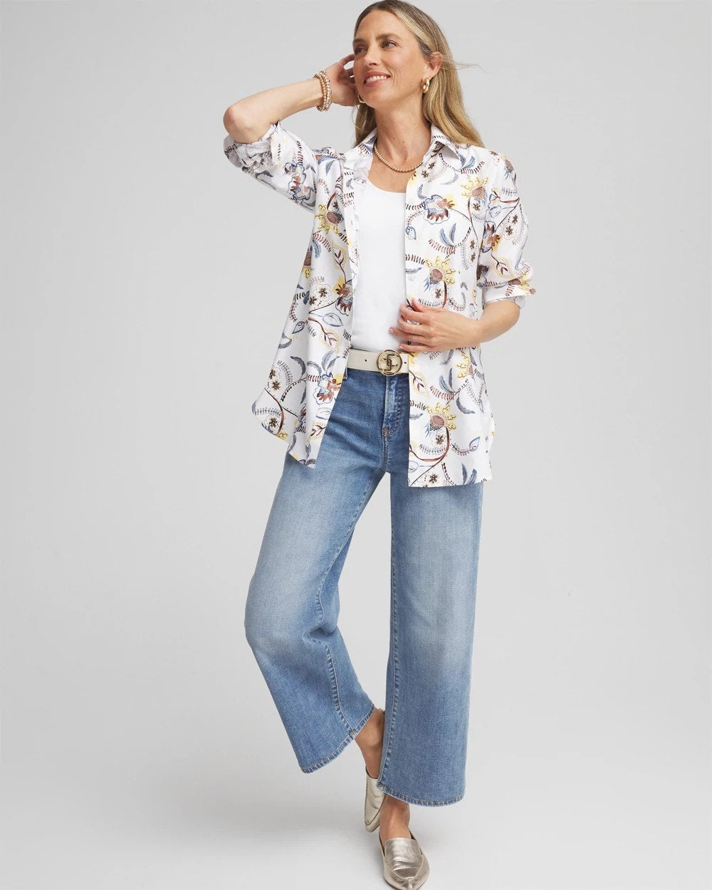 Chico's No Iron™ Long-Sleeved Floral Shirt OPTIC WHITE