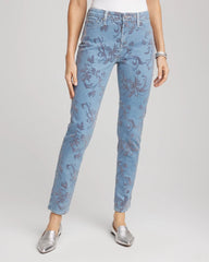 Chico's Girlfriend Slim Ankle Flocked Jeans FINFLOW INDIGO