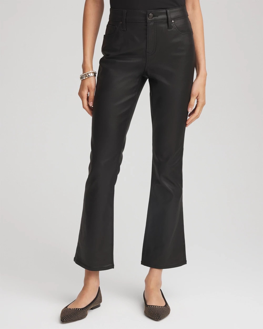 Chico's Coated Girlfriend Cropped Flared Jeans BLACK