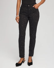Chico's Stone Embellished Girlfriend Slim Ankle Jeans BLACK