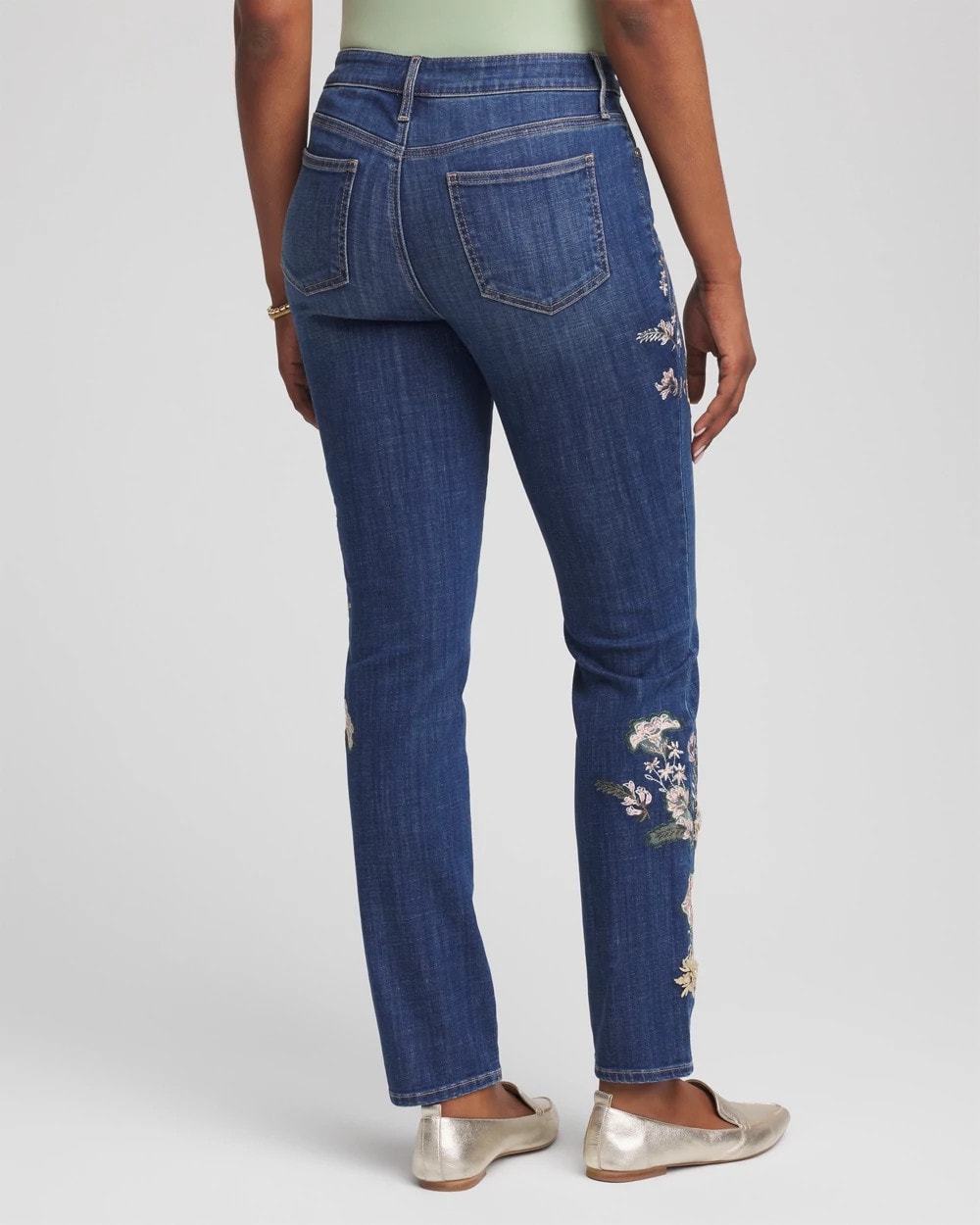 Chico's Appliqué Girlfriend Slim Ankle Jeans DRAGON ROAD INDIGO