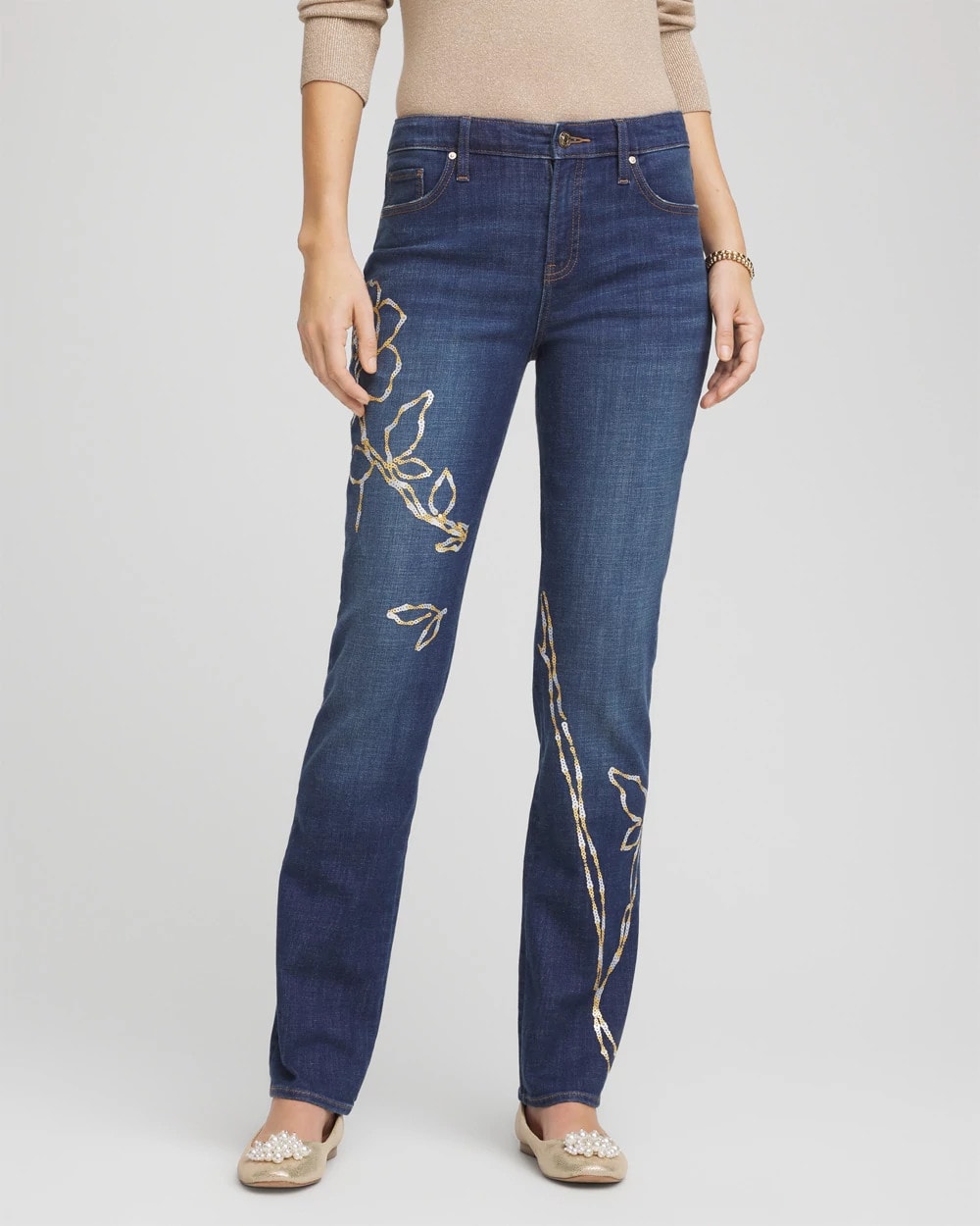 Chico's Sequins Rose Girlfriend Slim-Leg Jeans SEQUOIA INDIGO
