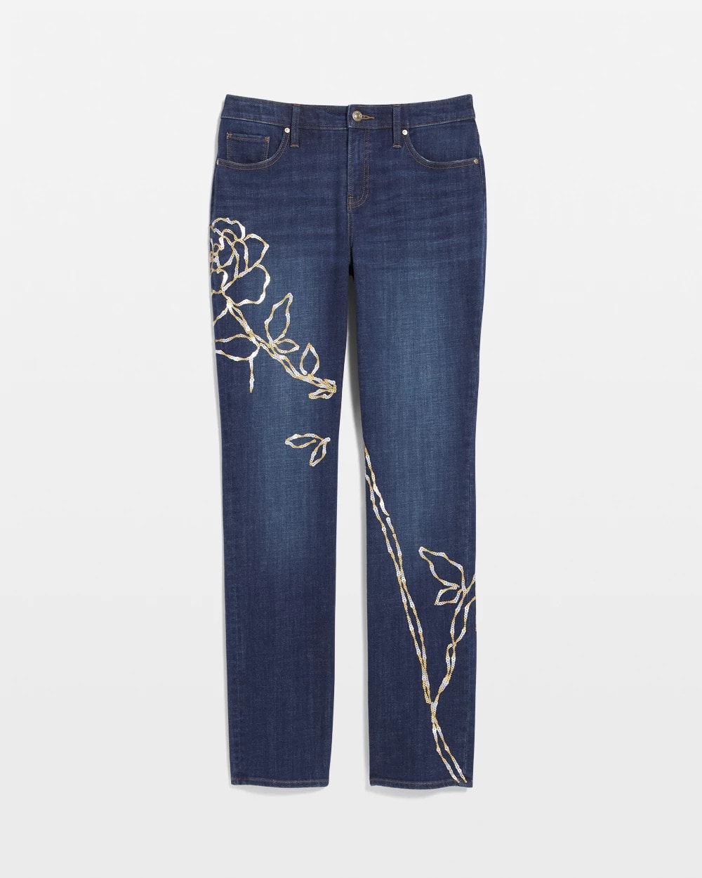 Chico's Sequins Rose Girlfriend Slim-Leg Jeans SEQUOIA INDIGO