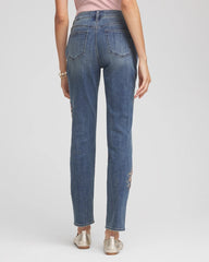 Chico's Embellished Starbursts Girlfriend Slim Ankle Jeans BRILLIANT BLUE INDIGO