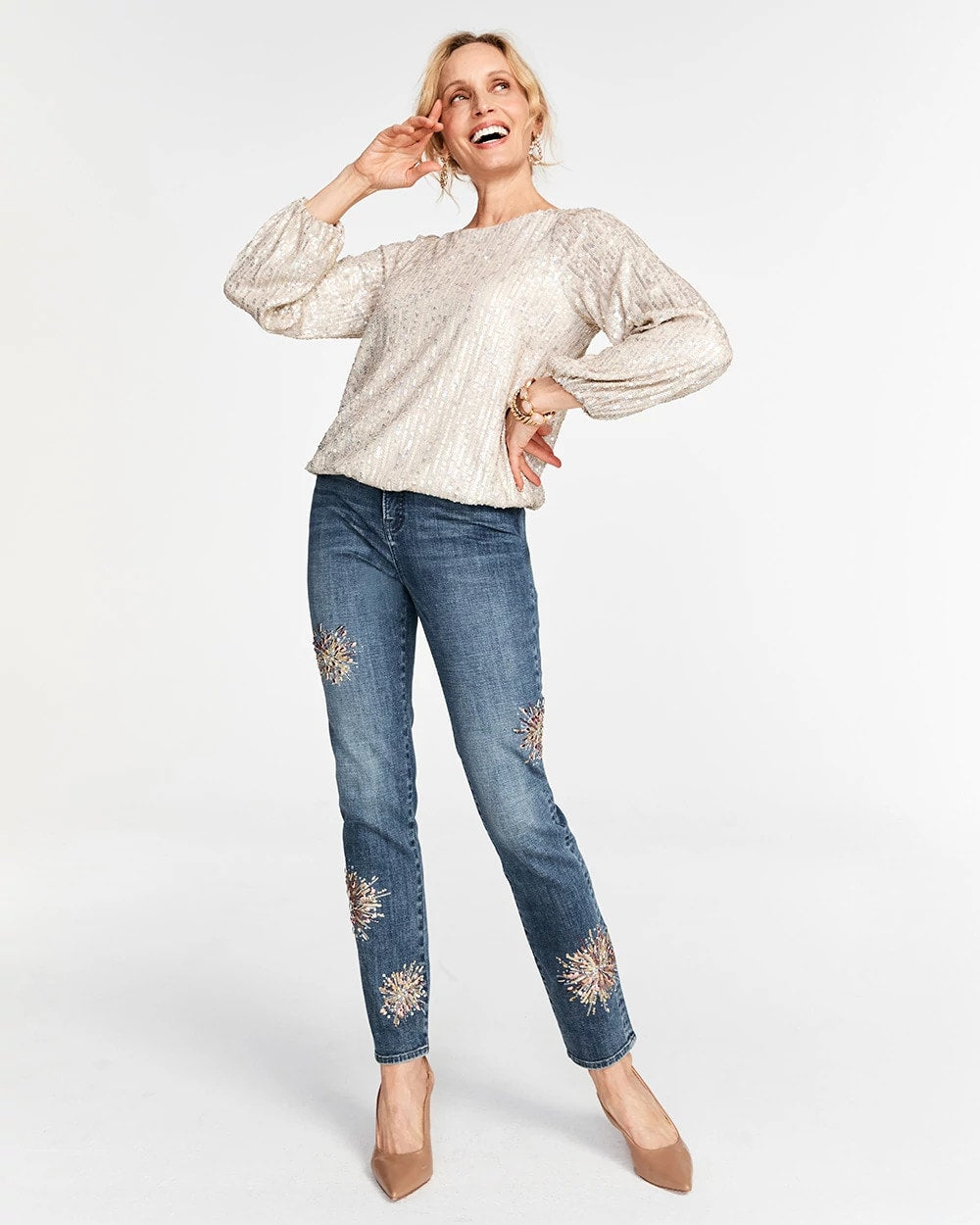 Chico's Embellished Starbursts Girlfriend Slim Ankle Jeans BRILLIANT BLUE INDIGO
